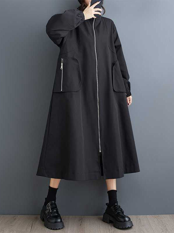 Retro Khaki High Neck Pockets Zip-up Long Sleeve Trench Coat Tw005