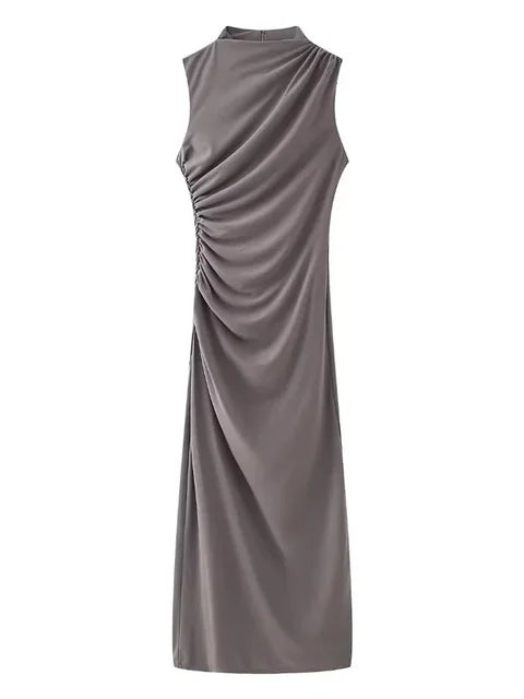 Pleated Long Sleeved Slim Maxi Dress – Off-shoulder Bodycon Gown