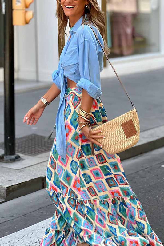 Print Drawstring Elastic Waist Maxi Skirt