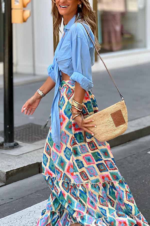 Print Drawstring Elastic Waist Maxi Skirt