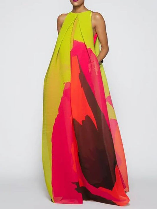 Loose Sleeveless Multi-colored Round-neck Maxi Dresses