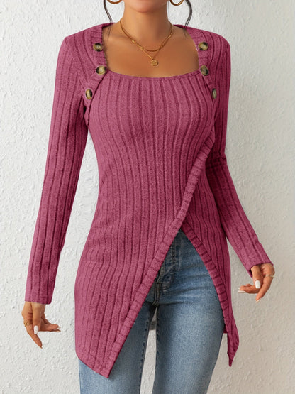 Ribbed Button Decor Asymmetrical Hem T-shirt Rd0210