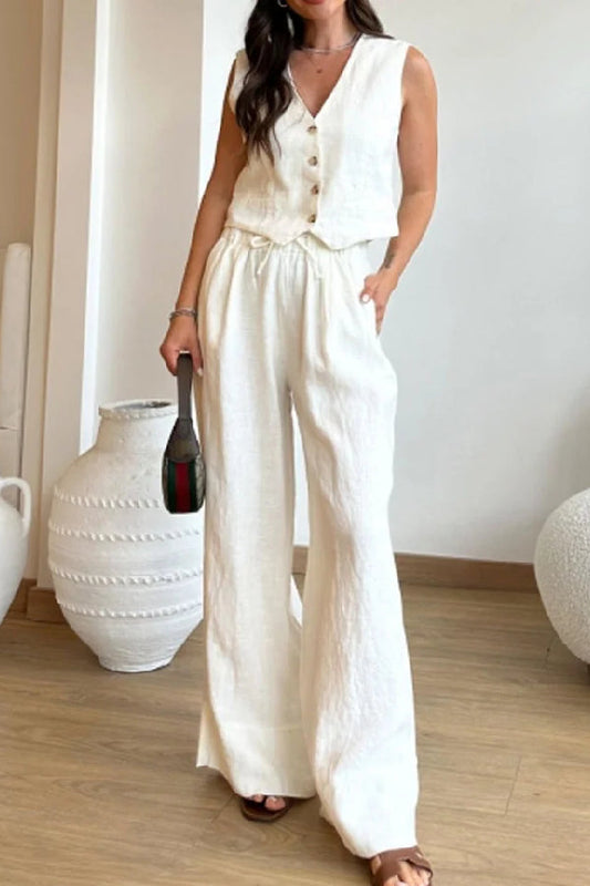 Color Cotton Linen Vest \u0026 Lace-up Pants Two-piece Set
