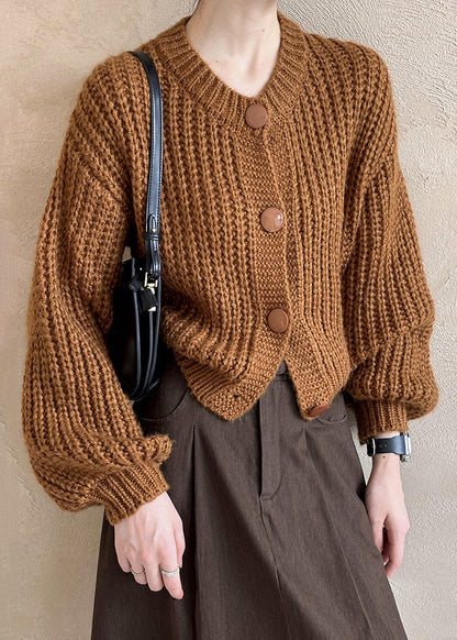 New Brown O Neck Hollow Out Cotton Knit Cardigan Fall Af1014