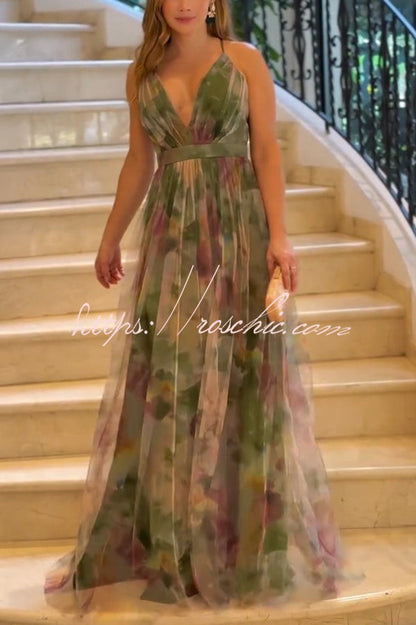 Kerrie Tulle Render Print Cross Back Straps Maxi Dress