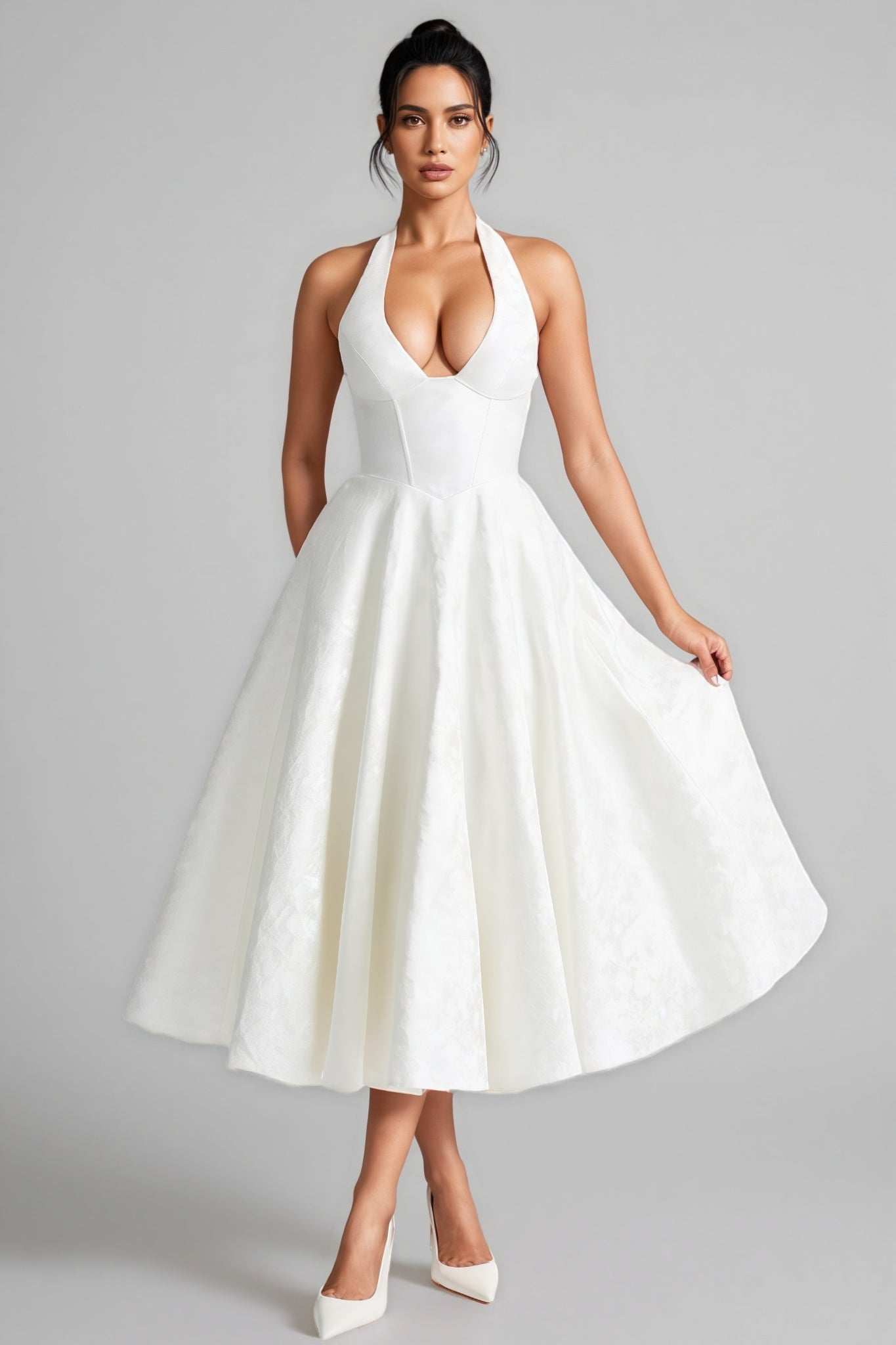 Effiy White Tie-neck Midi Dress