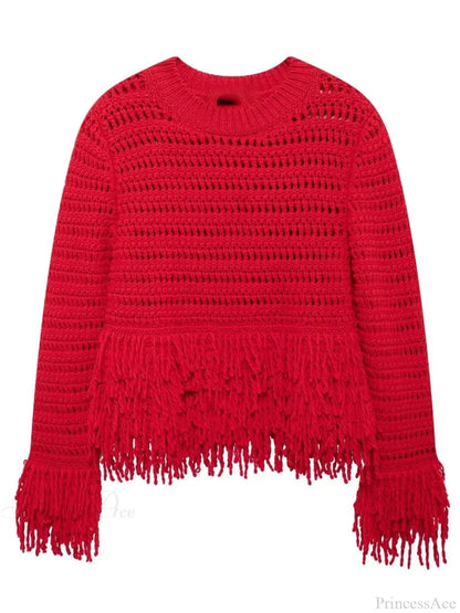 Hollow Out Long Sleeve O-neck Red Christmas Sweater