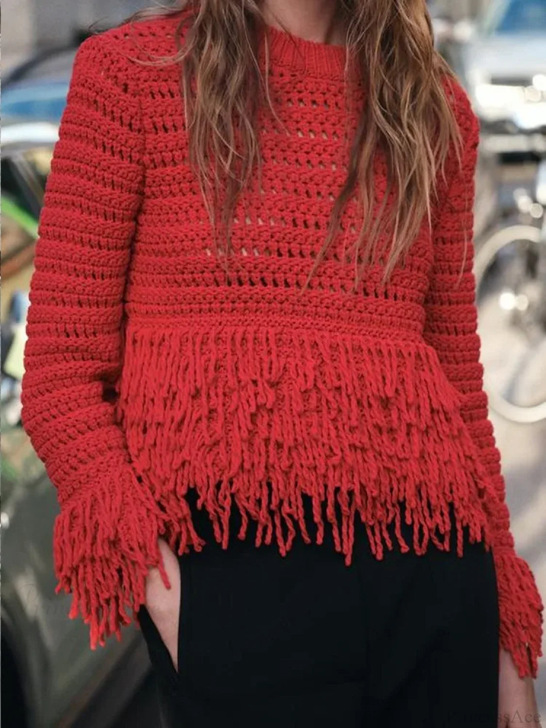 Hollow Out Long Sleeve O-neck Red Christmas Sweater
