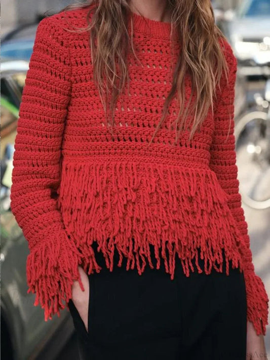 Hollow Out Long Sleeve O-neck Red Christmas Sweater