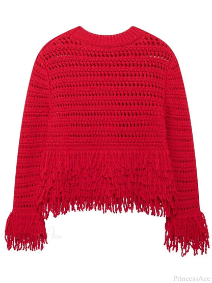 Hollow Out Long Sleeve O-neck Red Christmas Sweater