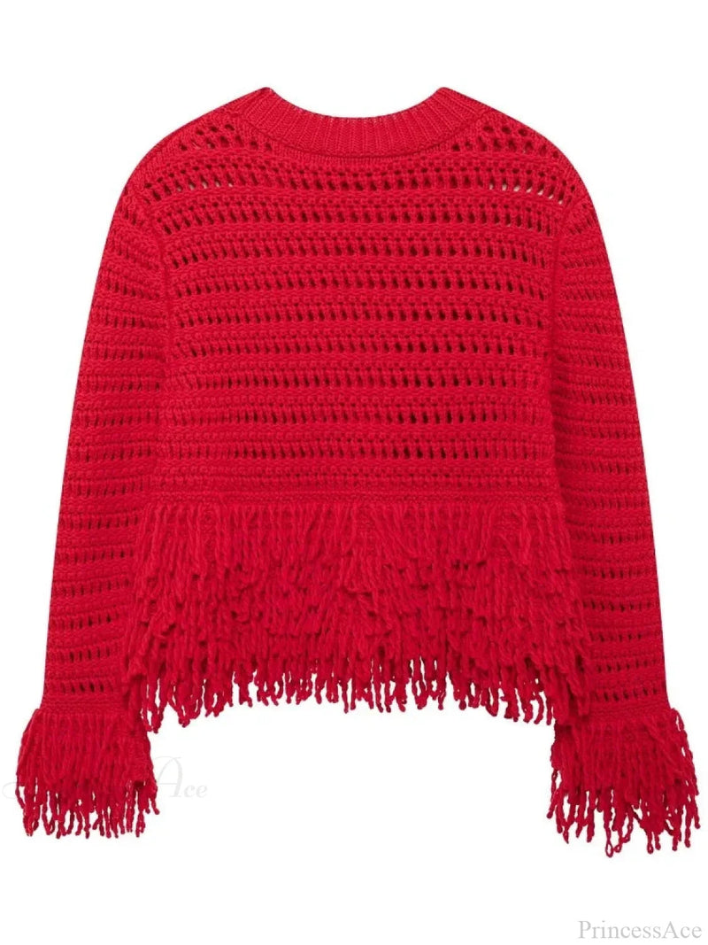 Hollow Out Long Sleeve O-neck Red Christmas Sweater