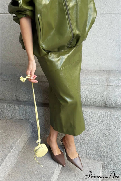 Pu Leather Midi Slit Skirt