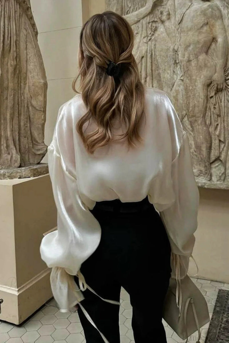 Satin Tie-waist Loose Long Sleeve Blouse