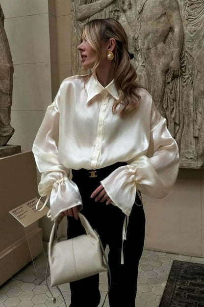 Satin Tie-waist Loose Long Sleeve Blouse