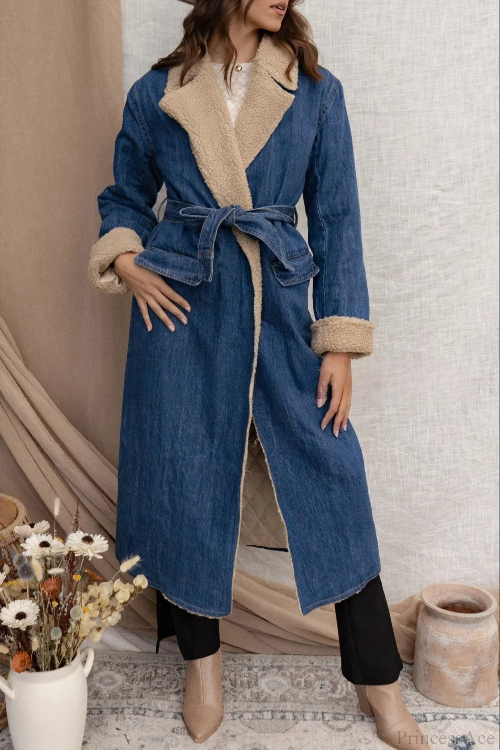 Sherpa Tie Waist Dual Pockets Denim Overcoat