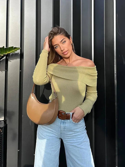 Slim Green Off-shoulder Long Sleeve Female Christmas Sweater