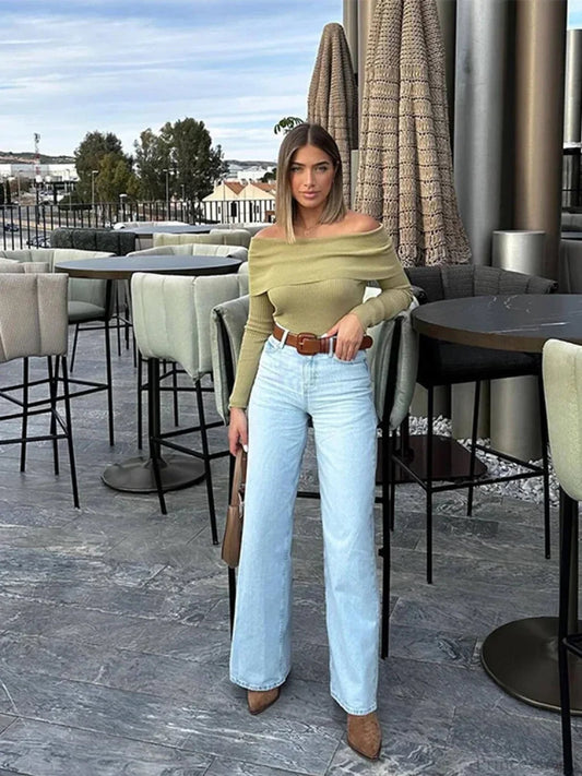 Slim Green Off-shoulder Long Sleeve Female Christmas Sweater