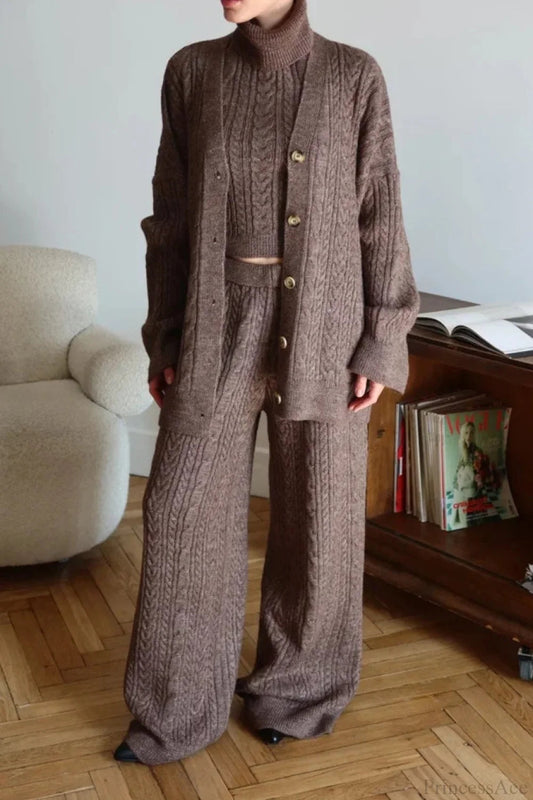 V-neck Cable Knit Top Tank Pants Three Piece Set