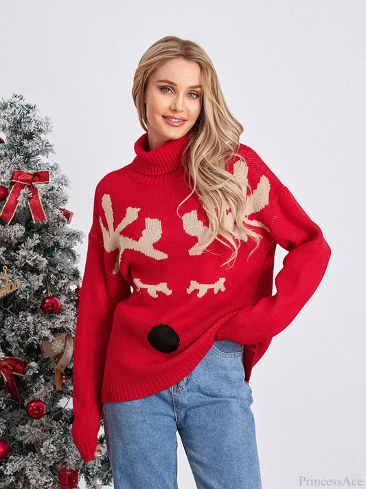Elk Print Red Long Sleeve Turtleneck Warm Christmas Sweater
