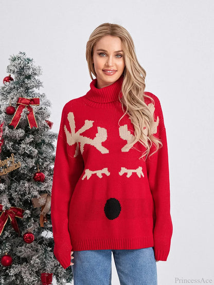 Elk Print Red Long Sleeve Turtleneck Warm Christmas Sweater