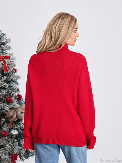 Elk Print Red Long Sleeve Turtleneck Warm Christmas Sweater