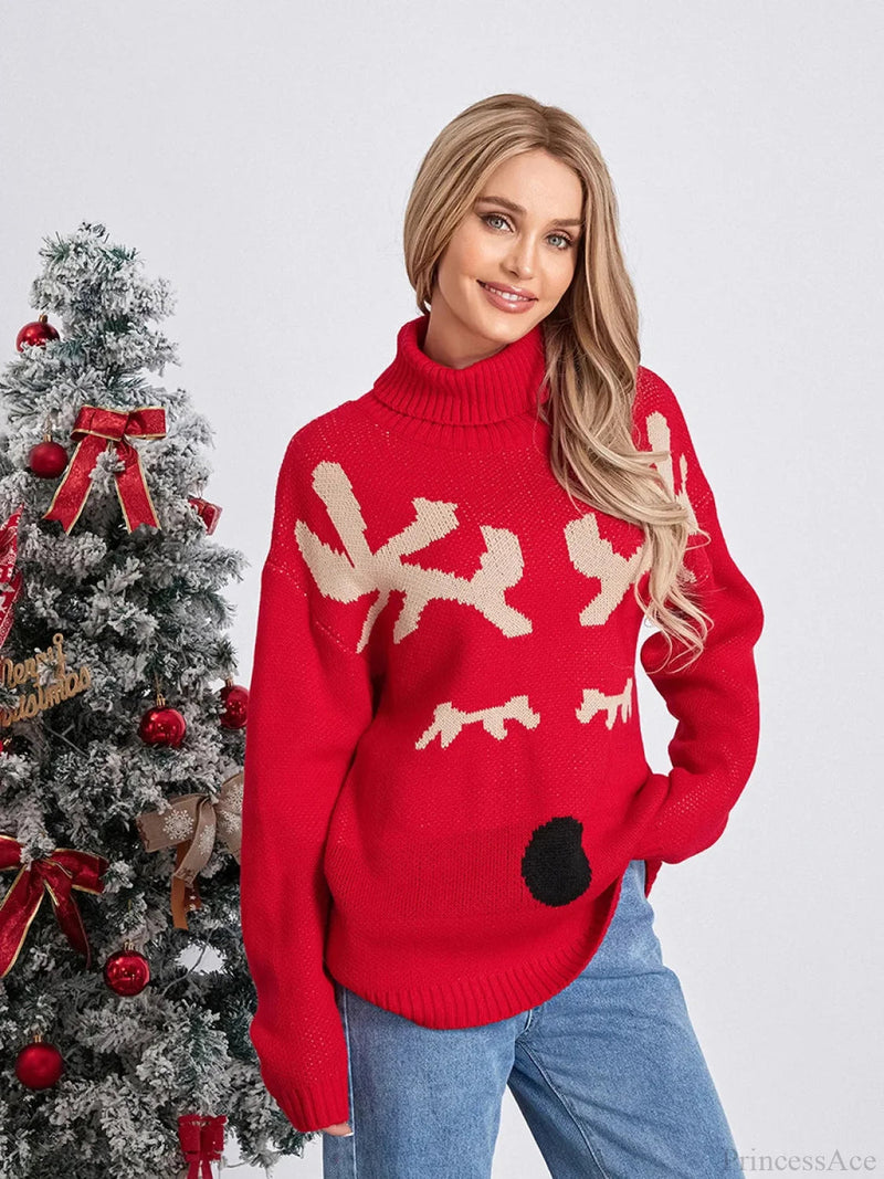 Elk Print Red Long Sleeve Turtleneck Warm Christmas Sweater