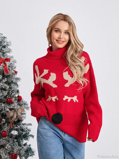 Elk Print Red Long Sleeve Turtleneck Warm Christmas Sweater