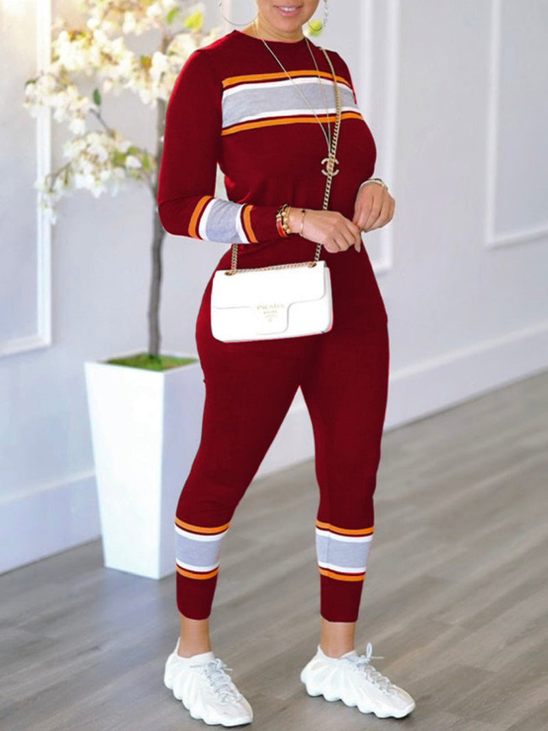 Striped Patchwork Skinny Pants Set Bo3047