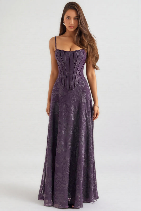Celeste Purple Sequin Flower Lace Maxi Dress