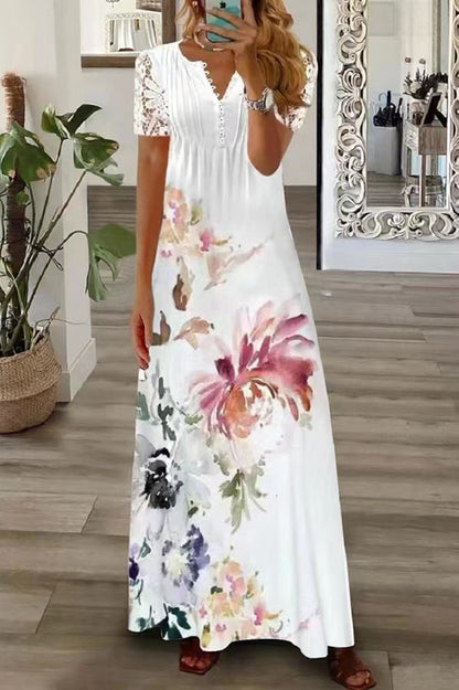 V Neck Button Lace Sleeve Holiday Beach Maxi Dress
