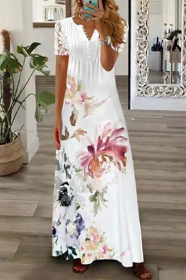 V Neck Button Lace Sleeve Holiday Beach Maxi Dress