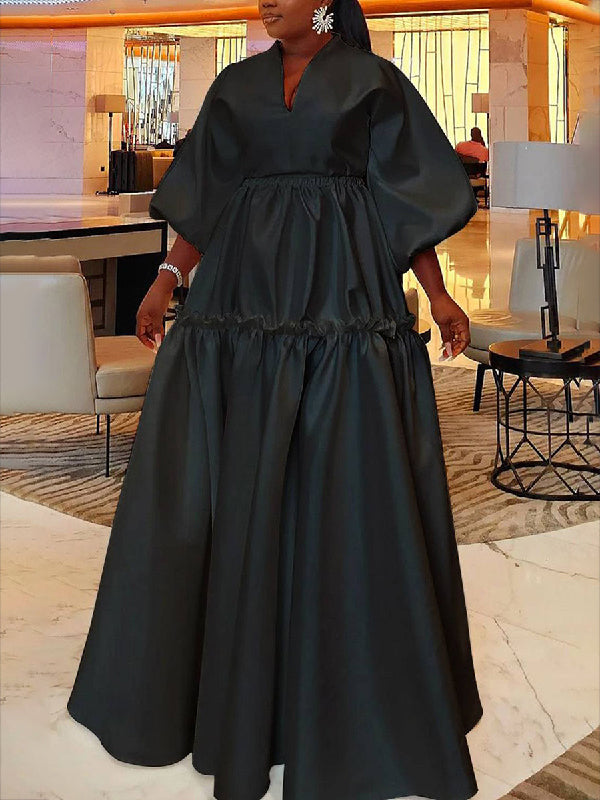 High Waisted Puff Sleeves Falbala Color V-neck Maxi Dresses