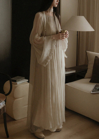White Wrinkled Silk Cotton Long Dress Flare Sleeve Tt1050