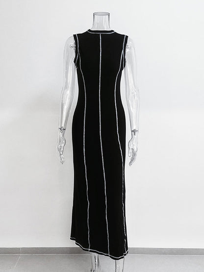 A-line Sleeveless Split-joint Striped Round-neck Maxi Dresses