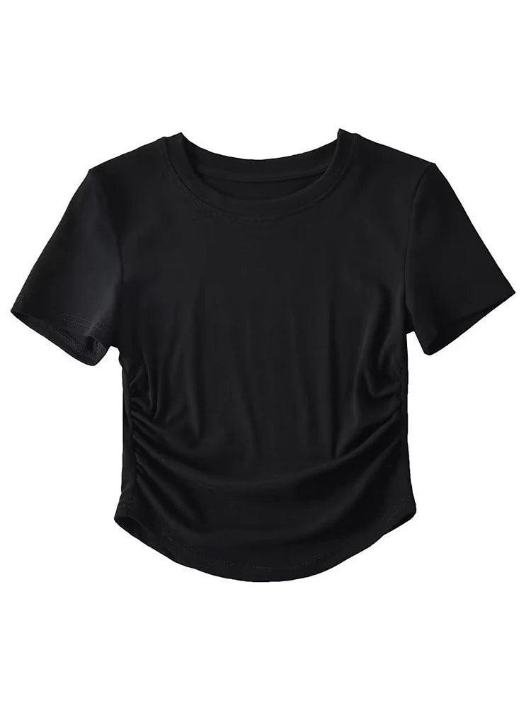 Harajuku Crew Neck Short Sleeve Cotton Tee With Ruched Sides Detail T-shirts