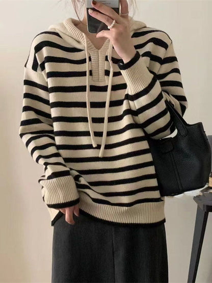 Black Hooded Drawstring V-neck Contrast Color Striped Long Sleeve Sweater Qx019