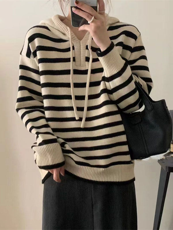Black Hooded Drawstring V-neck Contrast Color Striped Long Sleeve Sweater Qx019