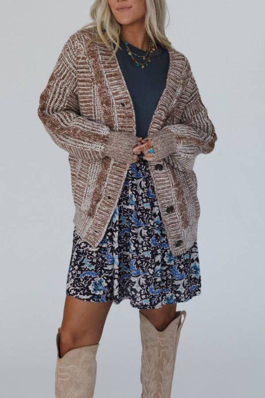 V-neck Long-sleeved Striped Button-down Knitted Cardigan