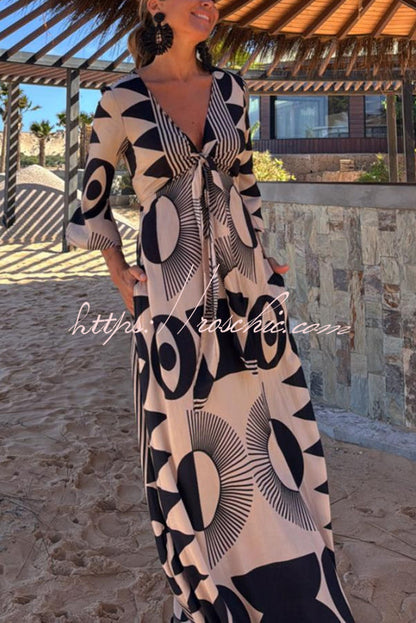 Unique Print V-neck Tie Loose Pocket Maxi Dress