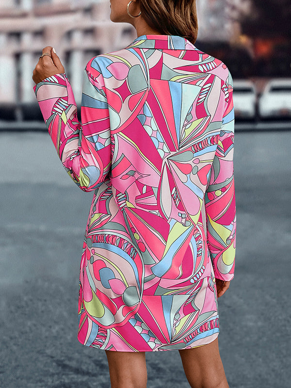 A-line Long Sleeves Buttoned Printed Lapel Mini Dresses Shirt Dress