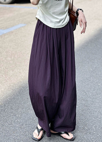 Purple Pockets Elastic Waist Cotton Pants Summer Af1074