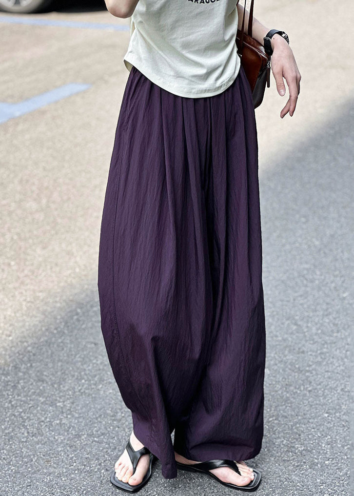 Purple Pockets Elastic Waist Cotton Pants Summer Af1074