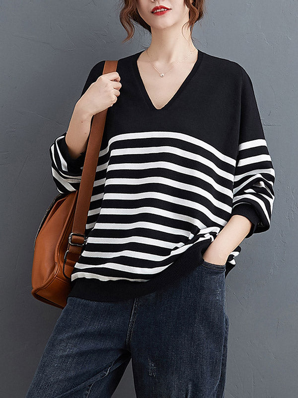 Loose Black V-neck Contrast Color Striped Long Sleeve Knit Sweater An1035