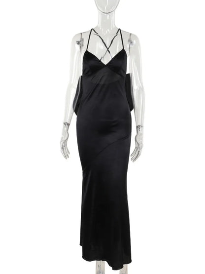 Bow Backless Maxi Dress for Satin Spaghetti Strap V Neck Sleeveless Club Party Long Dress