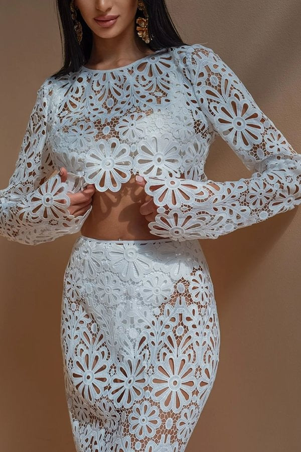 Balmy Summers Crochet Lace Pattern Elastic Waist Fishtail Vacation Maxi Skirt