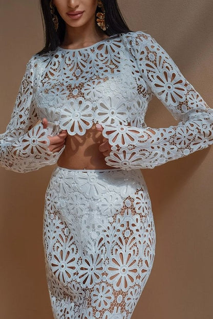 Balmy Summers Crochet Lace Pattern Elastic Waist Fishtail Vacation Maxi Skirt