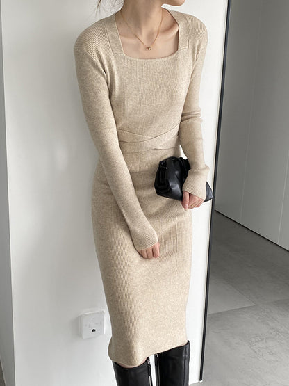 Simple Skinny Long Sleeves Color Square-neck Sweater Dresses