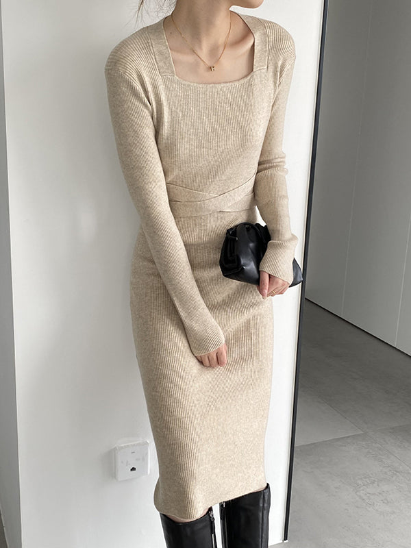 Simple Skinny Long Sleeves Color Square-neck Sweater Dresses