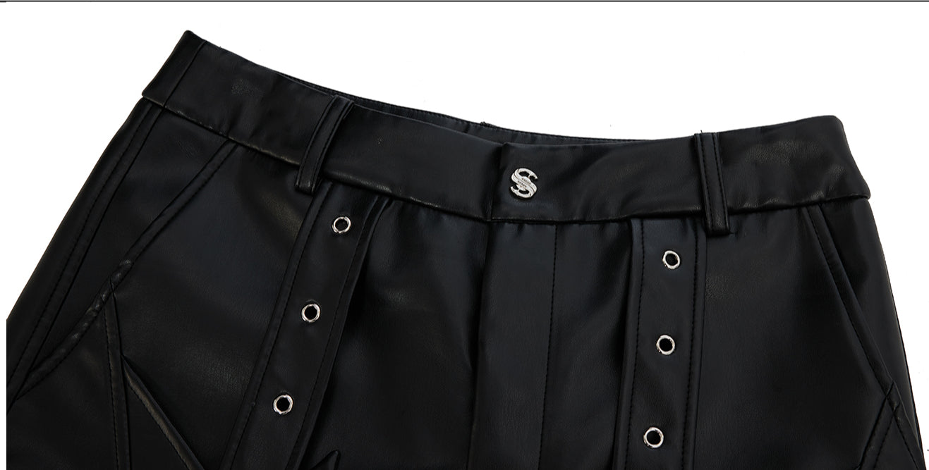 Black Leather Laced Wide Pants