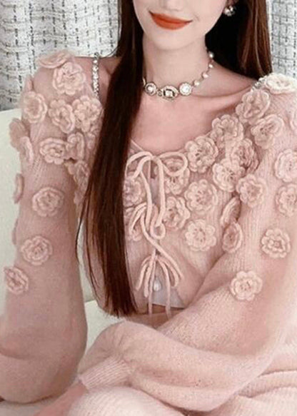 Pink Lace Up Knit Sweaters Fall Wo035